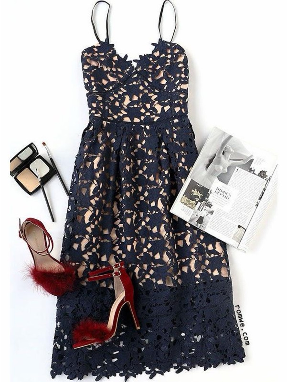 Few Moda Navy Lace Sheer Floral Appliqué Midi Dress